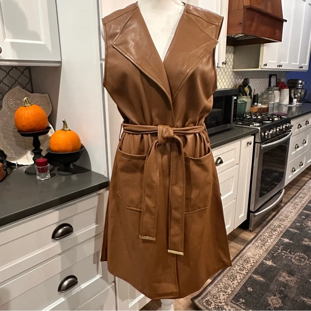 Marc New York Vegan Faux Leather Sleeveless Duster Cardigan Womens Size XS Brown